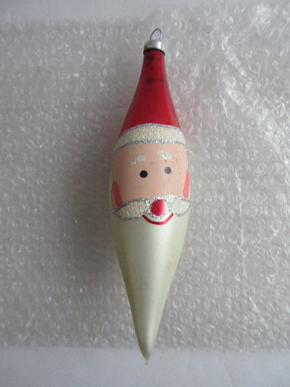 Santa Claus Blown Glass Teardrop Christmas Ornament Glitter 6" Vintage
